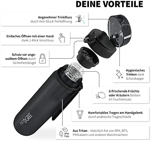 720°Dgree water bottle uberBottle + fruit container – 1 litre – BPA-free – Lightweight, sustainable., black, 1000ml - Image 2