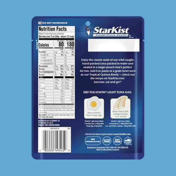 StarKist Chunk Light Tuna in Water, 6.4 oz Pouch (12 Pack) Ready to Eat Wild Caught Tuna, 19g Protein Per Serving, 80 Calories Per Serving, Gluten Free, Soy Free, Kosher, Perfect for Meals and Snacks - Image 2
