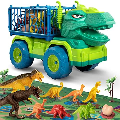 TEMI Dinosaur Truck Toys for Kids 3-5 Years, Tyrannosaurus Transport Car Carrier Truck with 8 Dino Figures, Activity Play Mat, Dinosaur Eggs, Capture Jurassic Dinosaur Play Set for Boys and Girls - Image 2