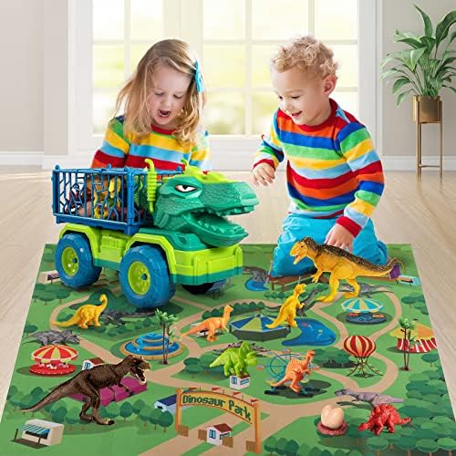 TEMI Dinosaur Truck Toys for Kids 3-5 Years, Tyrannosaurus Transport Car Carrier Truck with 8 Dino Figures, Activity Play Mat, Dinosaur Eggs, Capture Jurassic Dinosaur Play Set for Boys and Girls - Image 3
